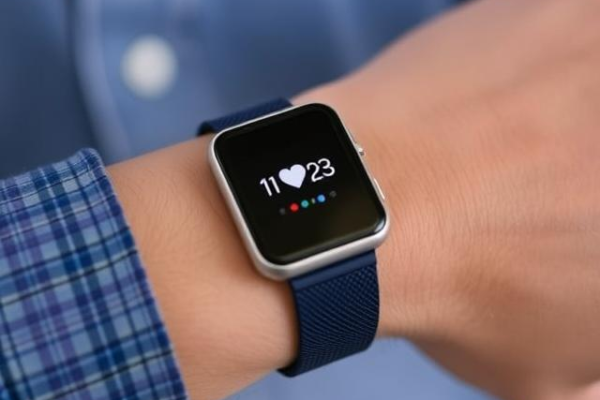 Person wearing a smartwatch displaying real-time heart rate and health monitoring data