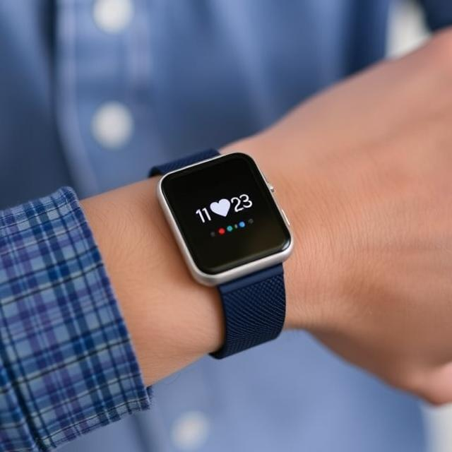 Person wearing a smartwatch displaying real-time heart rate and health monitoring data
