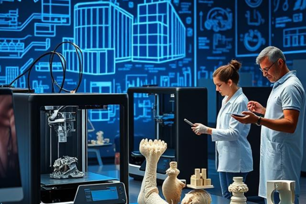 3D printer creating a detailed object layer by layer in an industrial setting