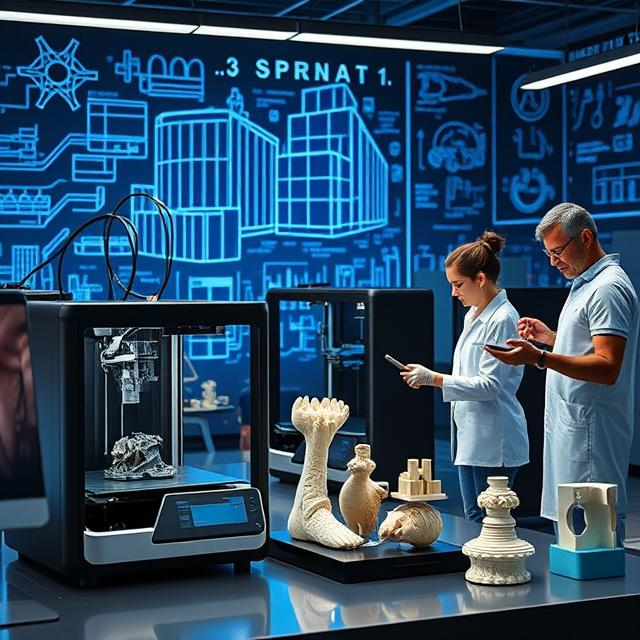 3D printer creating a detailed object layer by layer in an industrial setting