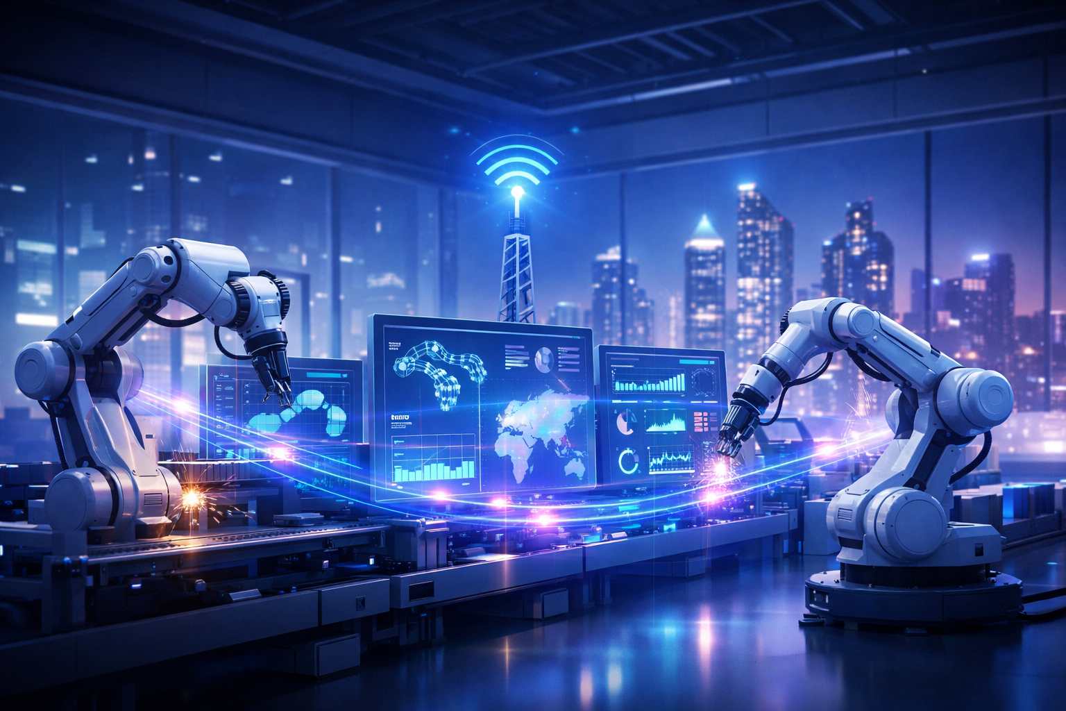 5G-enabled robot working in a smart factory with wireless network connectivity