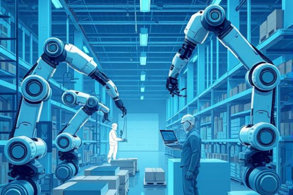 A collaborative robot (cobot) working alongside a human worker on a manufacturing assembly line