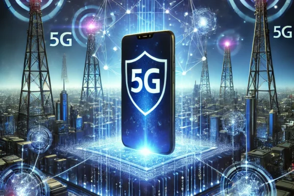 5G network towers connected to smart construction site with drones and IoT devices