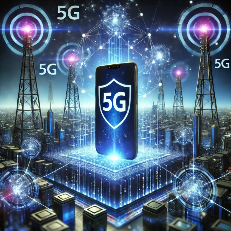 5G network towers connected to smart construction site with drones and IoT devices