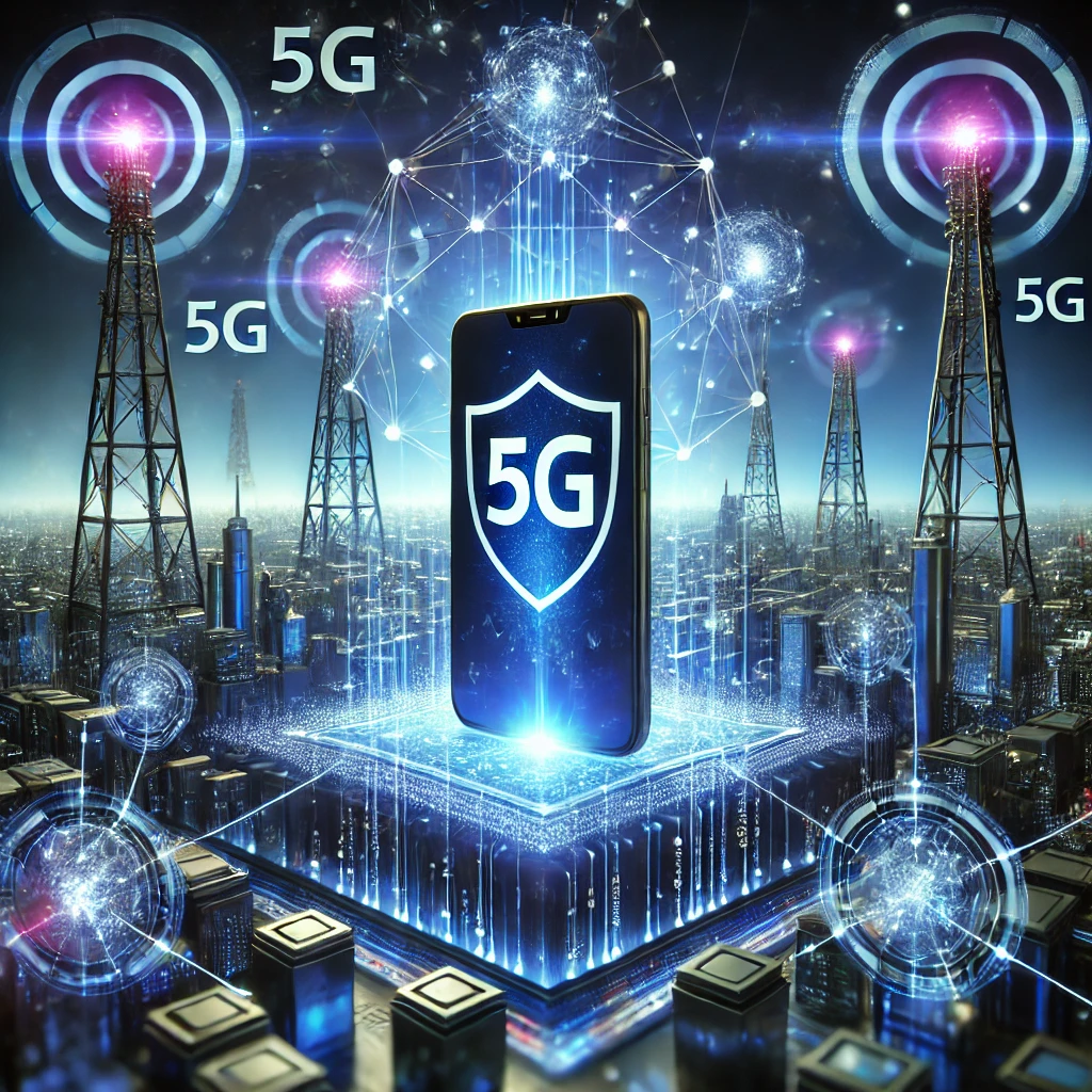 5G network towers connected to smart construction site with drones and IoT devices