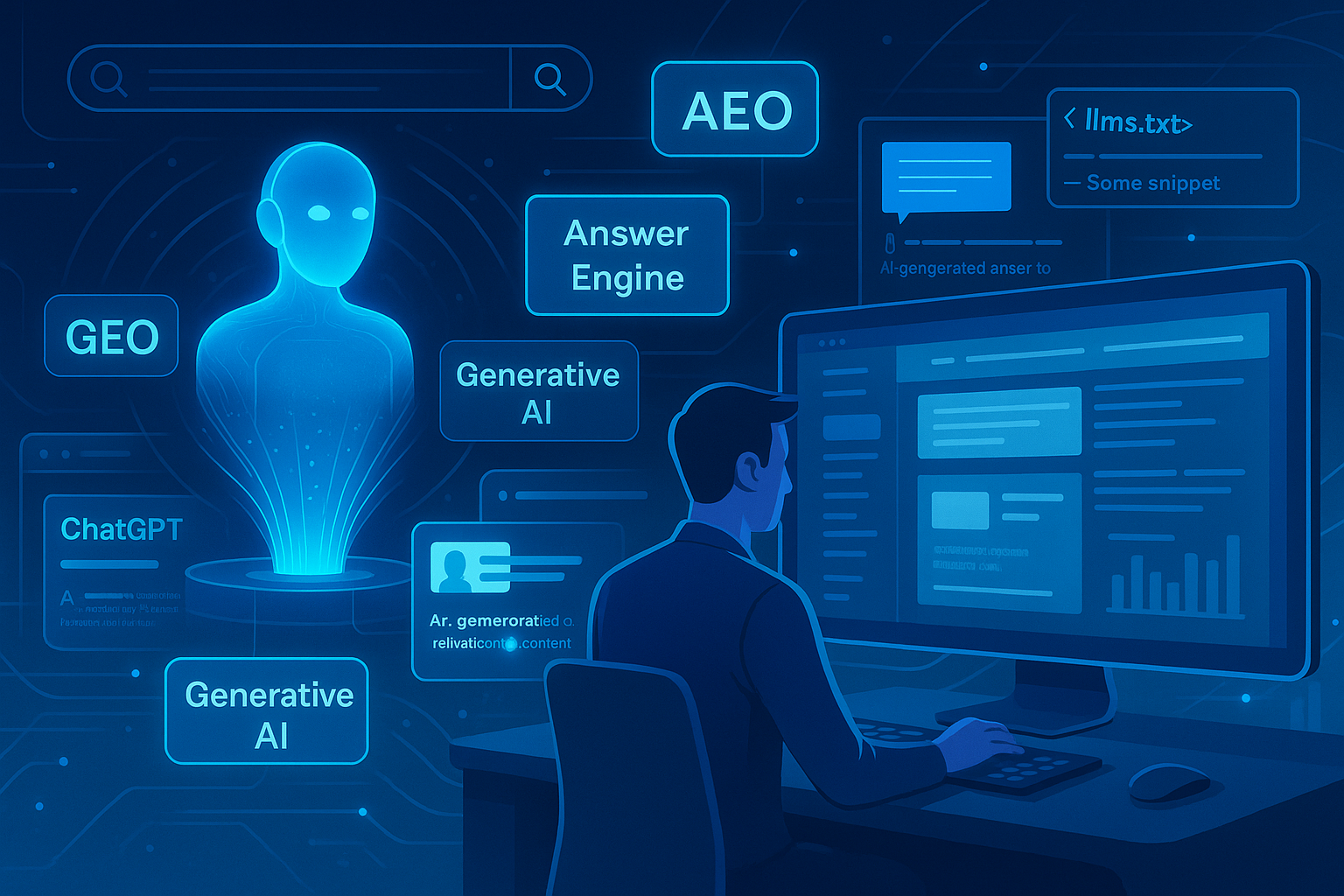 AEO and GEO AI-driven search optimization diagram showing ChatGPT and Google SGE content strategy