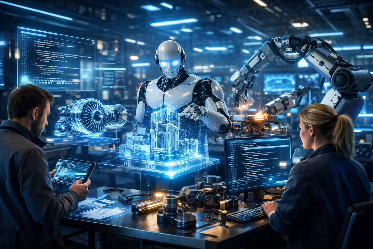Engineer using Generative AI 2.0 tools for product design and simulation in a modern workspace