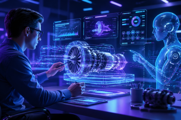 Engineer using AI copilot software for engineering design on a computer