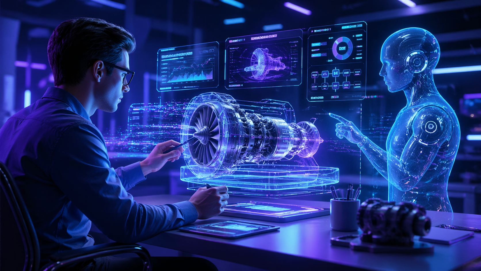 Engineer using AI copilot software for engineering design on a computer