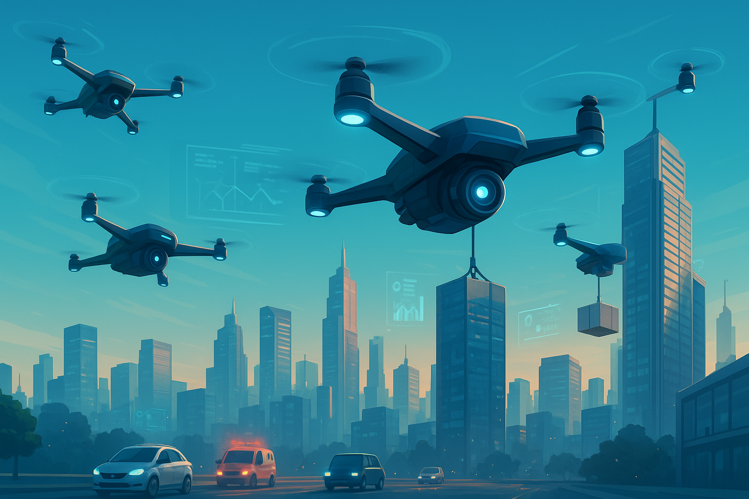 AI-driven drone flying over a construction site for real-time monitoring and inspection