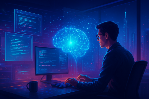 Developer using AI-driven software engineering tools to write and review code on a computer screen
