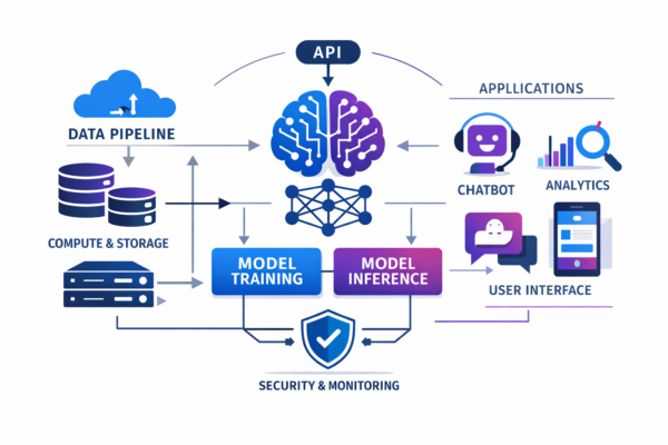 Diagram showing software architecture layers for AI-heavy applications including data pipeline, model training, inference service, and monitoring