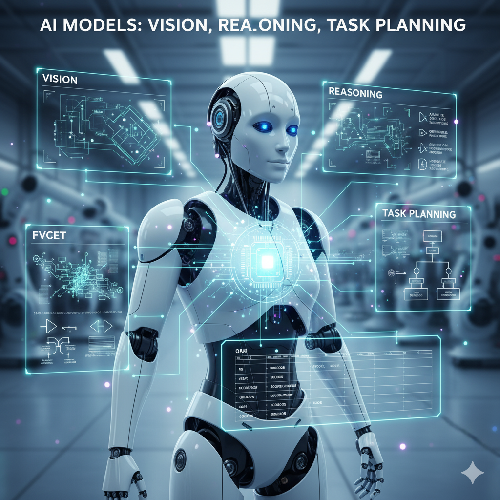 AI-powered robot using vision and reasoning to perform tasks in a modern environment