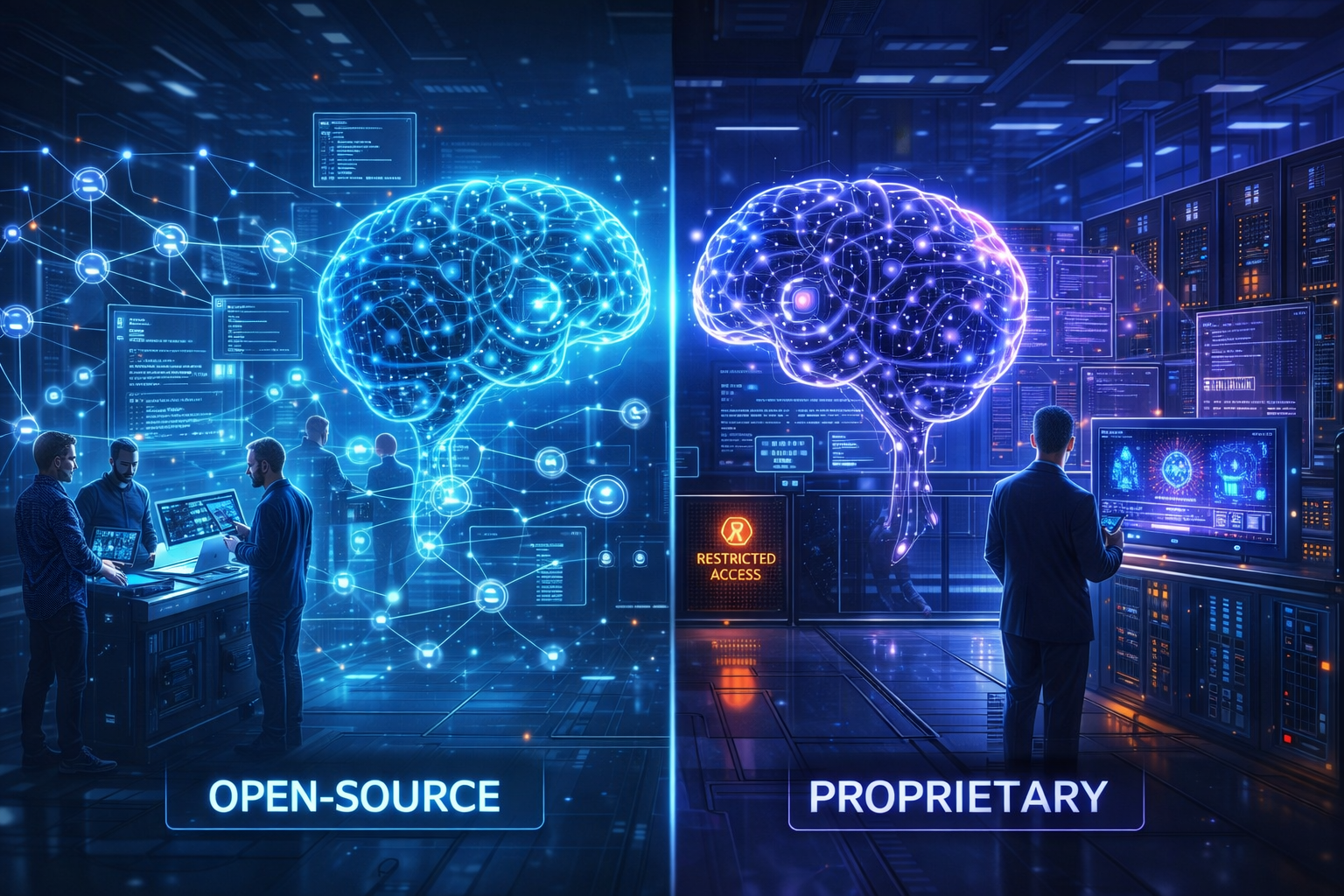 Comparison chart of open-source AI models versus proprietary AI models showing cost, control, and performance differences