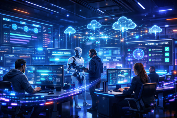 AI-powered DevOps automation pipeline showing software development and deployment workflow