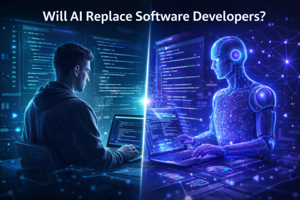 AI tools like ChatGPT and GitHub Copilot assisting a software developer writing code