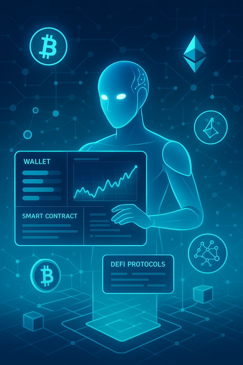 AI and blockchain integration showing autonomous agents operating on a crypto network in 2025