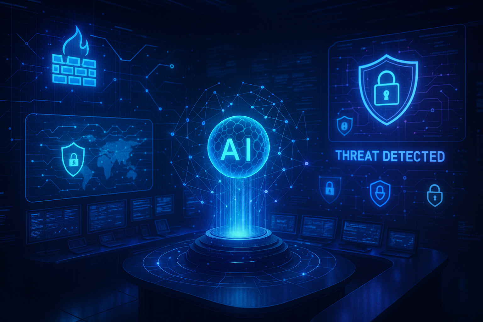 AI-powered cybersecurity system detecting and blocking cyber threats on a digital network