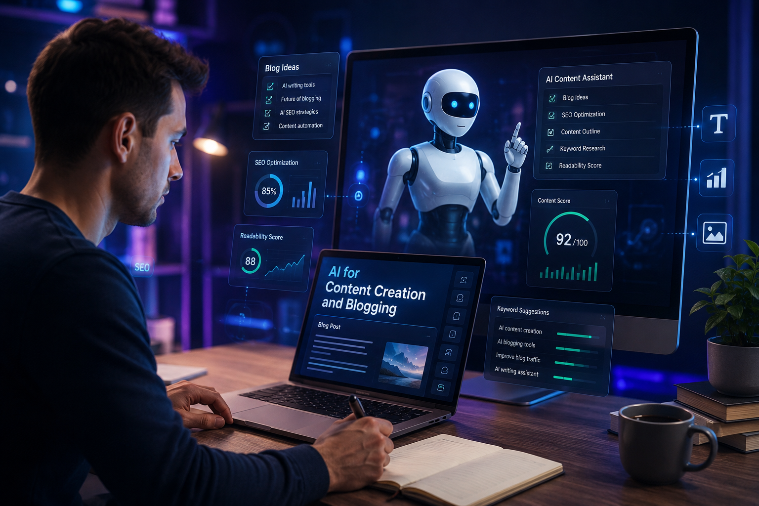 AI tools being used for content creation and blogging on a laptop screen