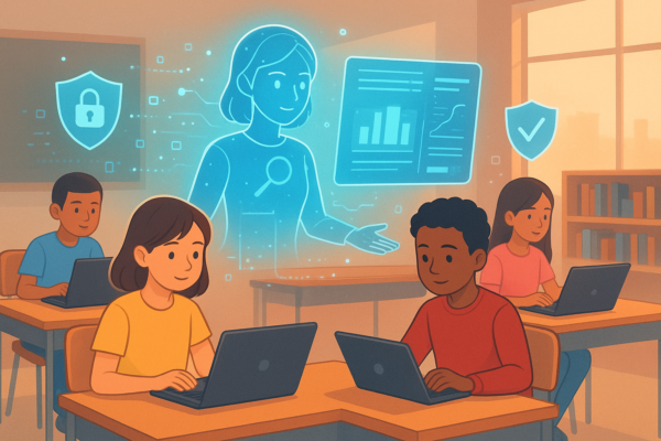 Students using AI-powered learning tools in a classroom with data privacy protection concept