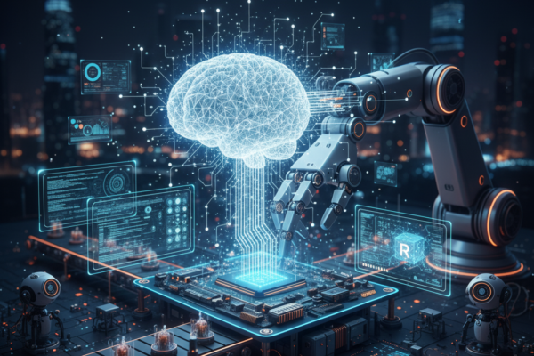 AI-powered robot working alongside humans in a smart automation environment