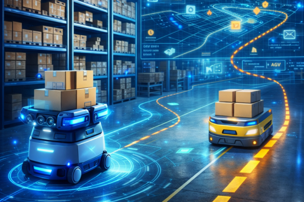 AMR and AGV robots working inside a modern automated warehouse