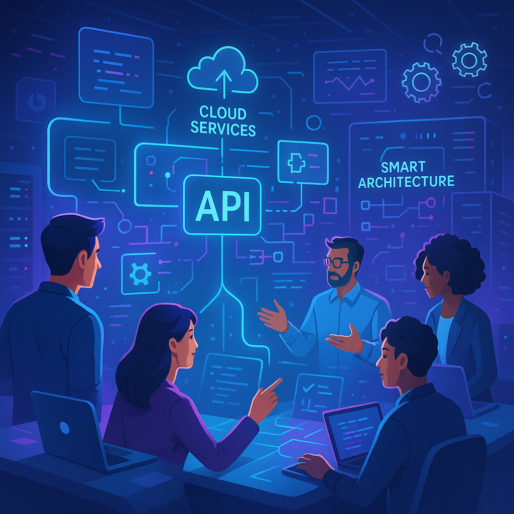 Developer designing API-first application architecture on a computer screen