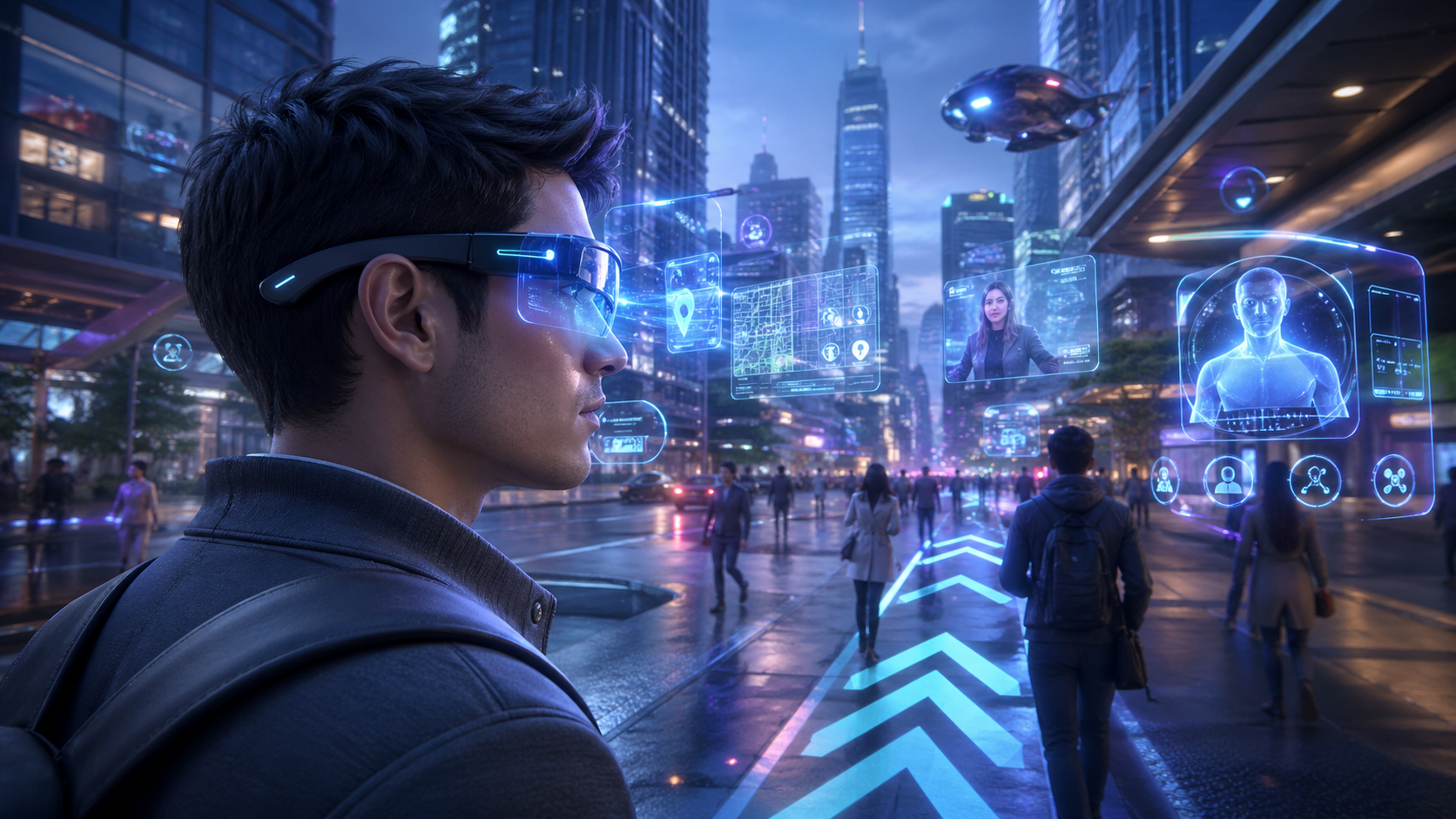 Person wearing AR smart glasses with digital information overlaid on real-world view