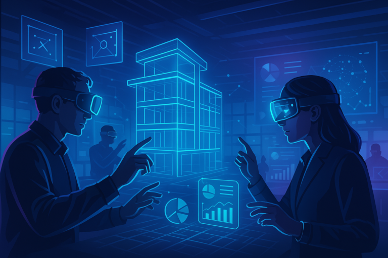 Engineers collaborating in a virtual reality metaverse workspace using AR and VR tools for 3D design