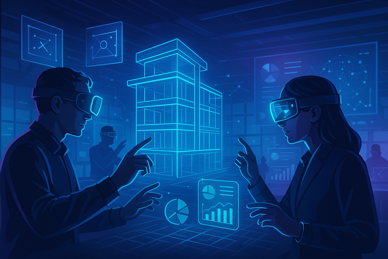 Engineers collaborating in a virtual reality metaverse workspace using AR and VR tools for 3D design