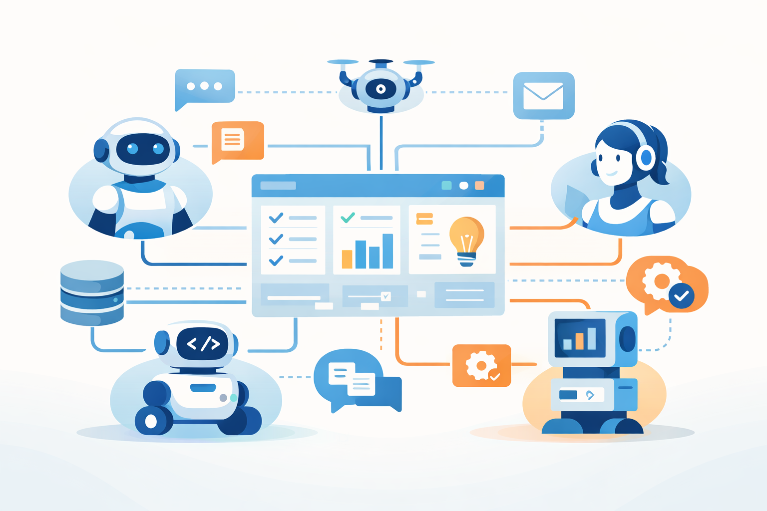 Multiple AI agents collaborating through communication protocols in a digital network