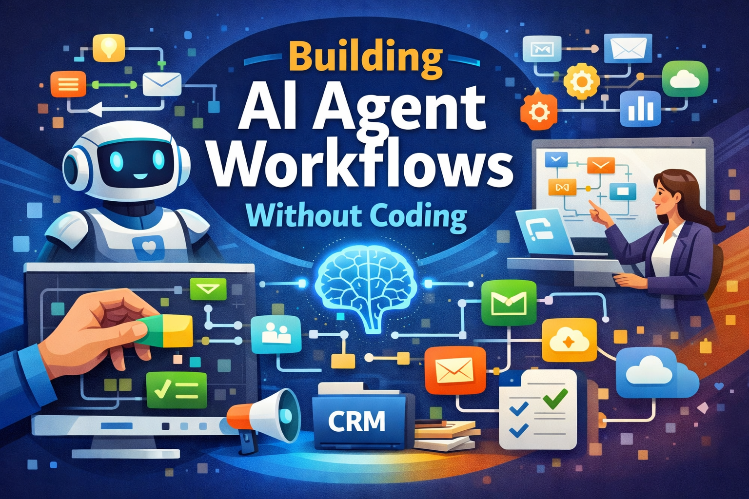Person building AI agent workflows using a no-code visual platform on a laptop