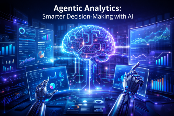 Agentic Analytics dashboard showing AI-powered business decision making with data charts