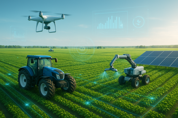 Autonomous farming robot and drone monitoring crops in a smart farm field