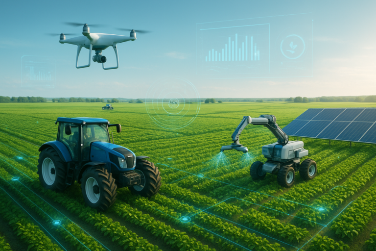 Autonomous farming robot and drone monitoring crops in a smart farm field