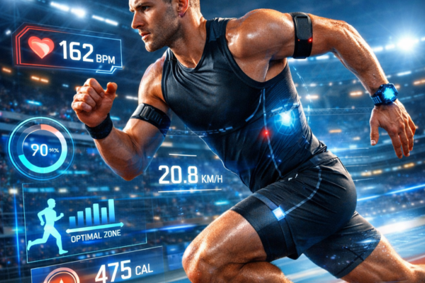 Athlete wearing AI-powered smartwatch tracking real-time performance data during workout