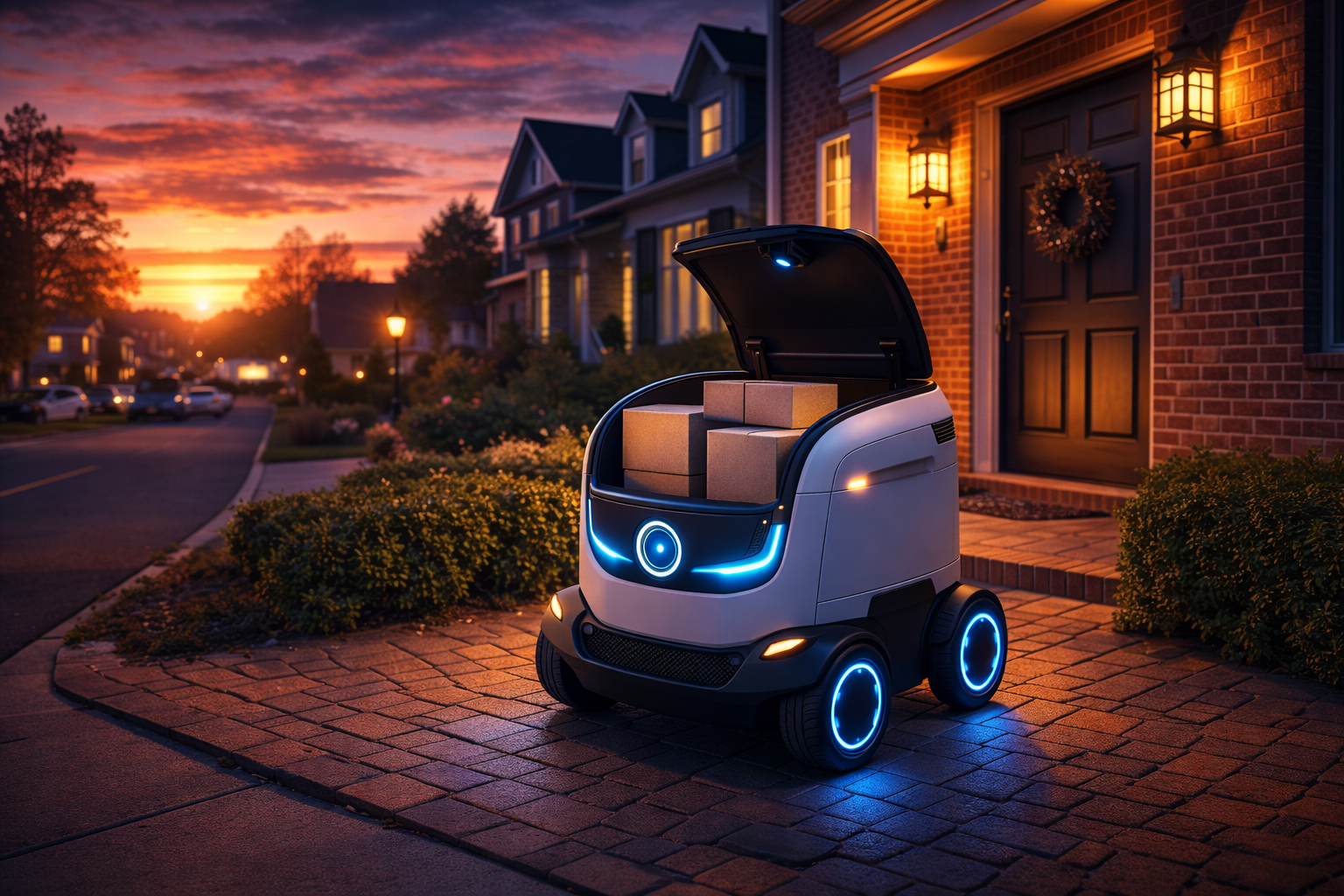 Autonomous delivery robot navigating a smart city sidewalk for last-mile logistics