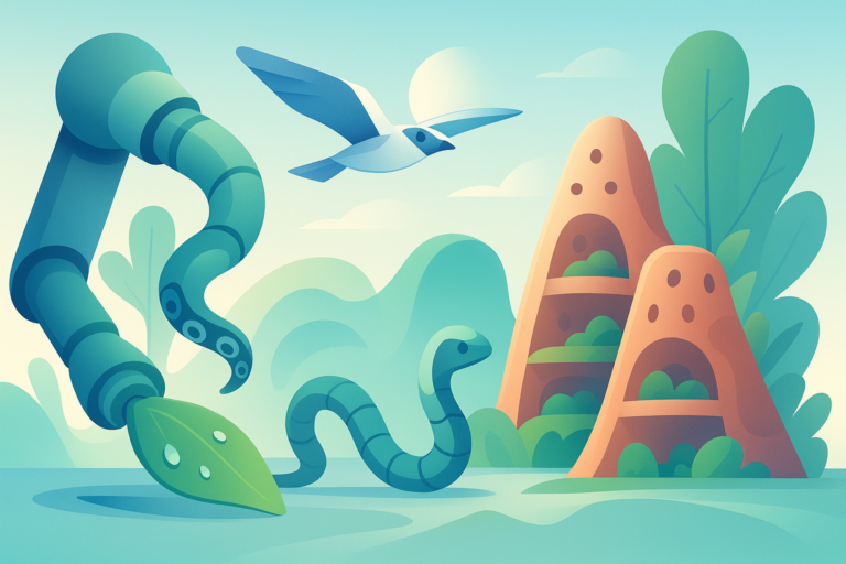 Bio-inspired engineering concept showing nature and technology side by side including lotus leaf, termite mound, and soft robots