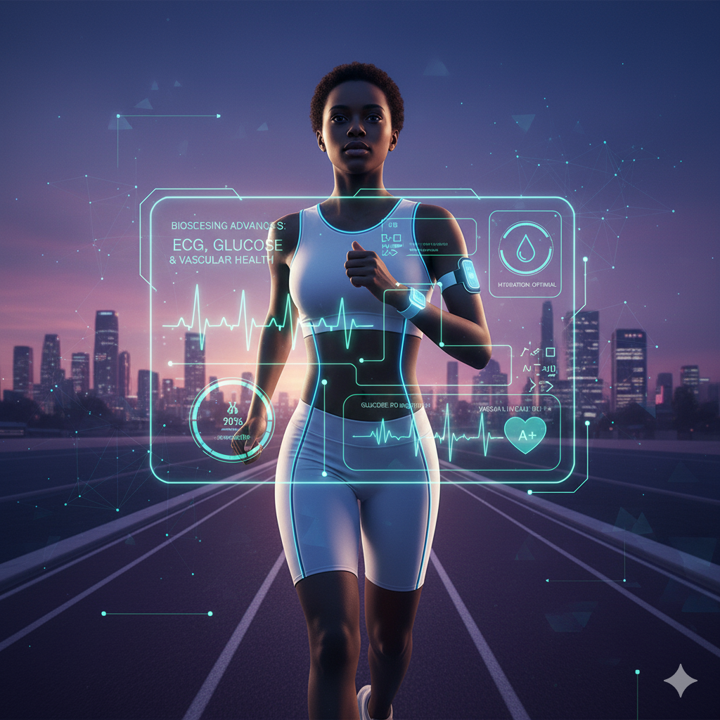 Smartwatch displaying ECG, glucose, and hydration health data on wrist