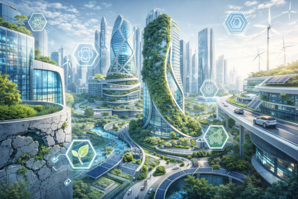 Smart materials and biodesign concept showing self-healing concrete and bio-based engineering materials