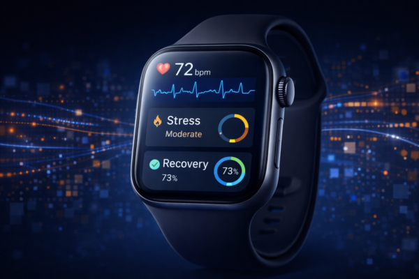 Person wearing a smart health wearable device tracking real-time biointelligence data on wrist