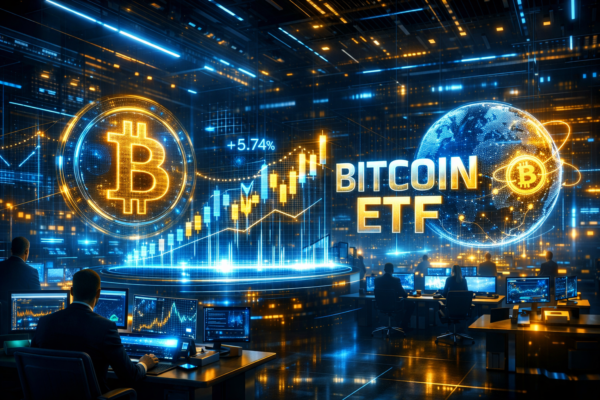 Bitcoin ETF investment concept showing BlackRock Fidelity and Grayscale logos with Bitcoin symbol and stock market chart
