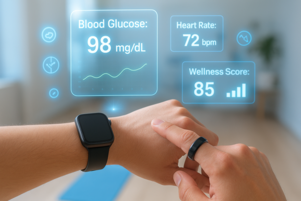 Person wearing a smartwatch that monitors blood glucose levels non-invasively