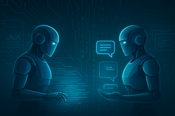 AI bots interacting with each other on a digital internet network representing the Bot vs Bot SEO shift