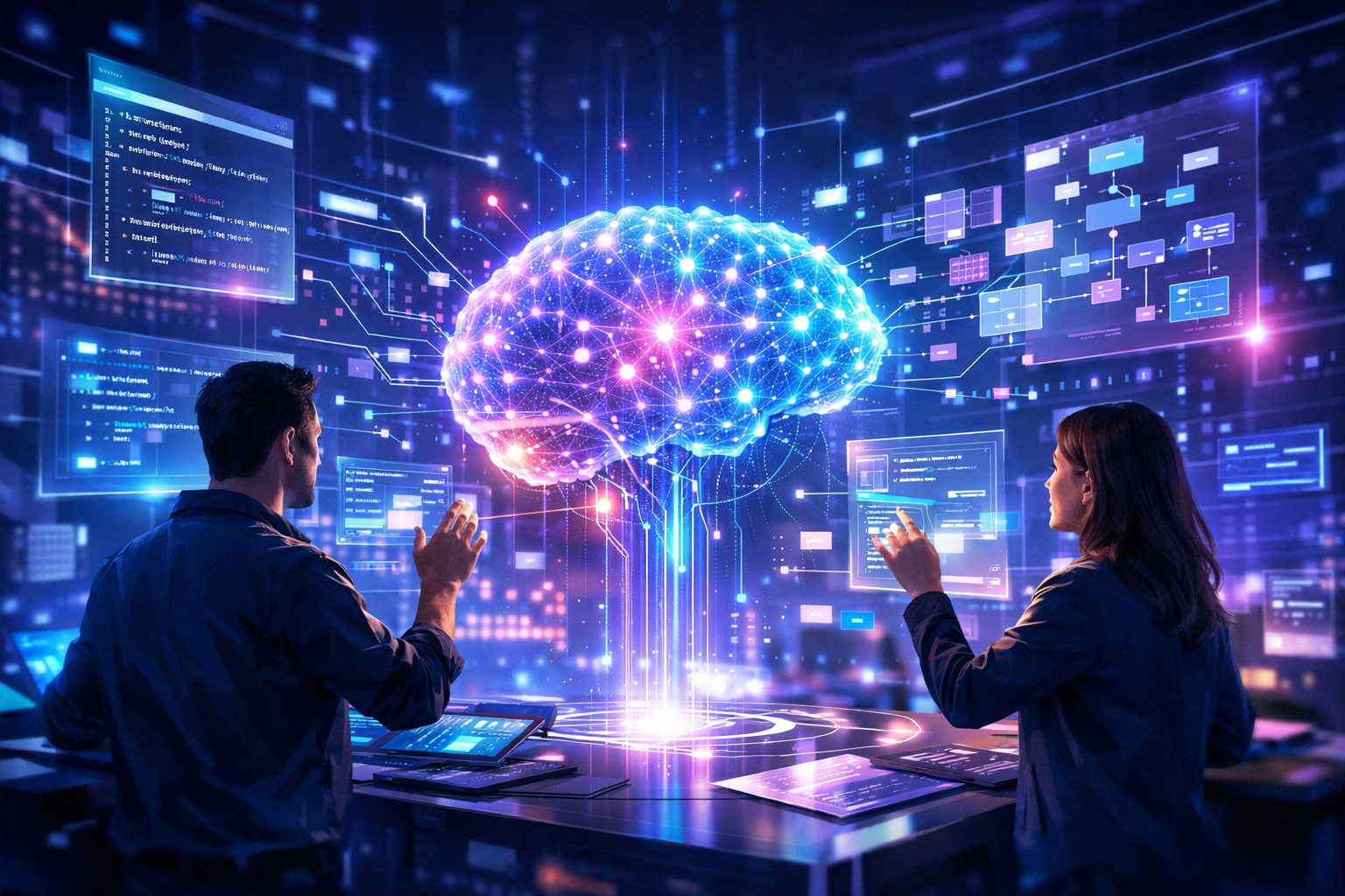 AI-First software development concept showing intelligent application architecture with machine learning