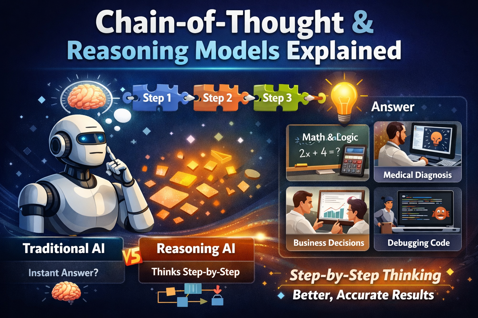 Diagram showing Chain-of-Thought reasoning process in an AI model solving a complex problem step by step