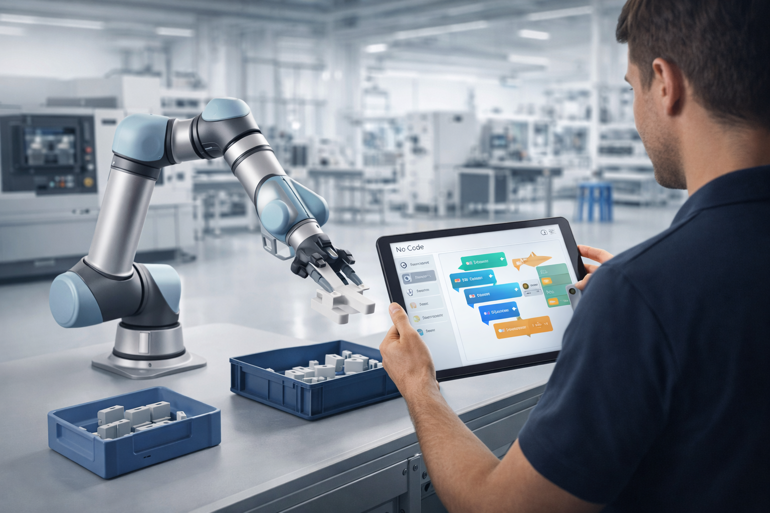 Collaborative robot cobot being programmed using a no-code touchscreen interface on a factory floor