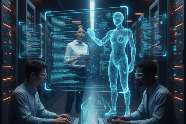Developer working with AI-Augmented Development tools like GitHub Copilot on a computer screen