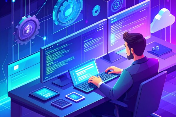 Developer using AI-powered coding tools like GitHub Copilot for code automation