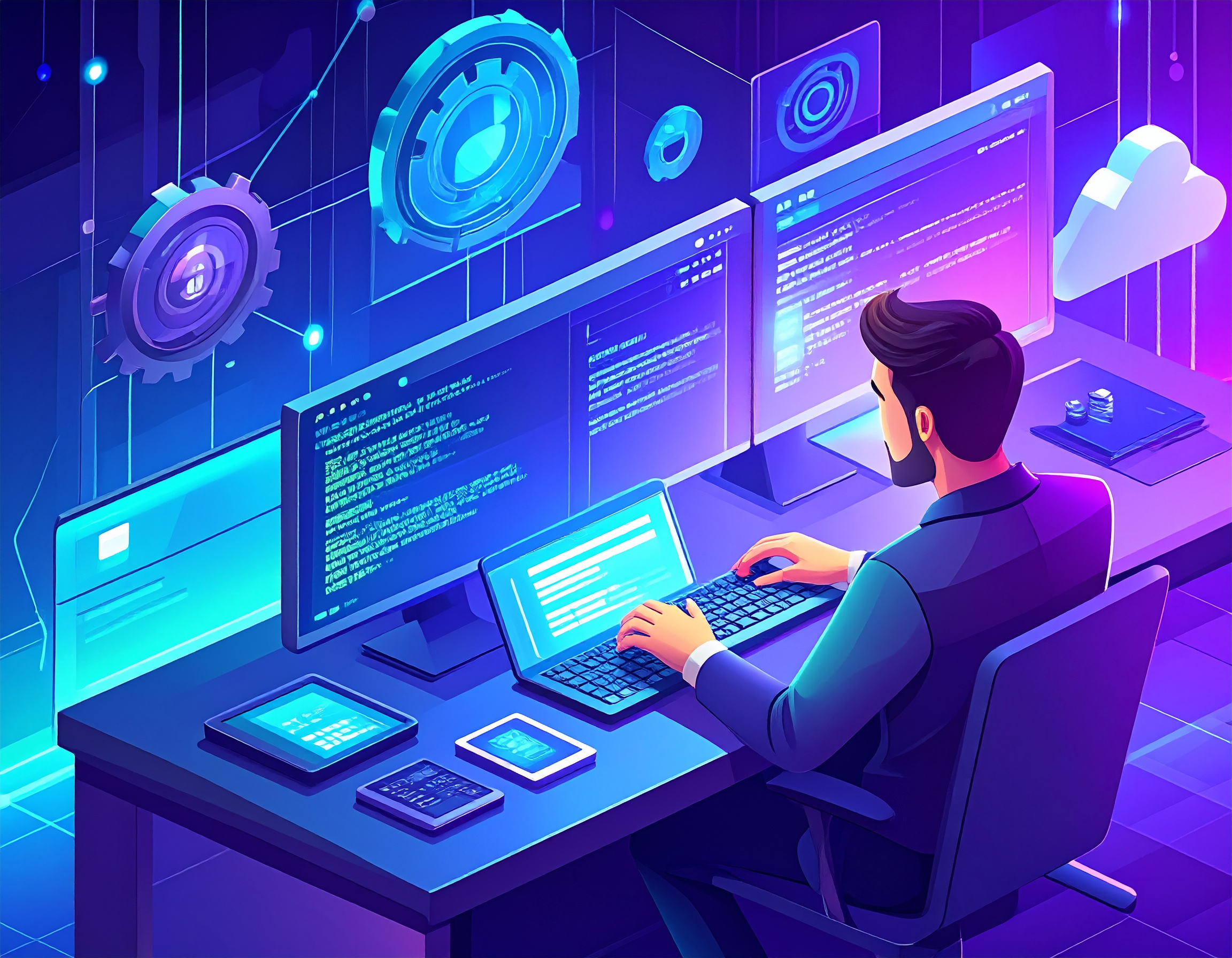 Developer using AI-powered coding tools like GitHub Copilot for code automation